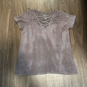 American Eagle Soft and Sexy Medium Gray T-Shirt Lattice Criss Cross Lace Up